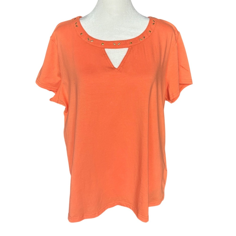 Hearts of Palm Orange Studded Keyhole Neck Short Sleeve Top Large Cotton Blend